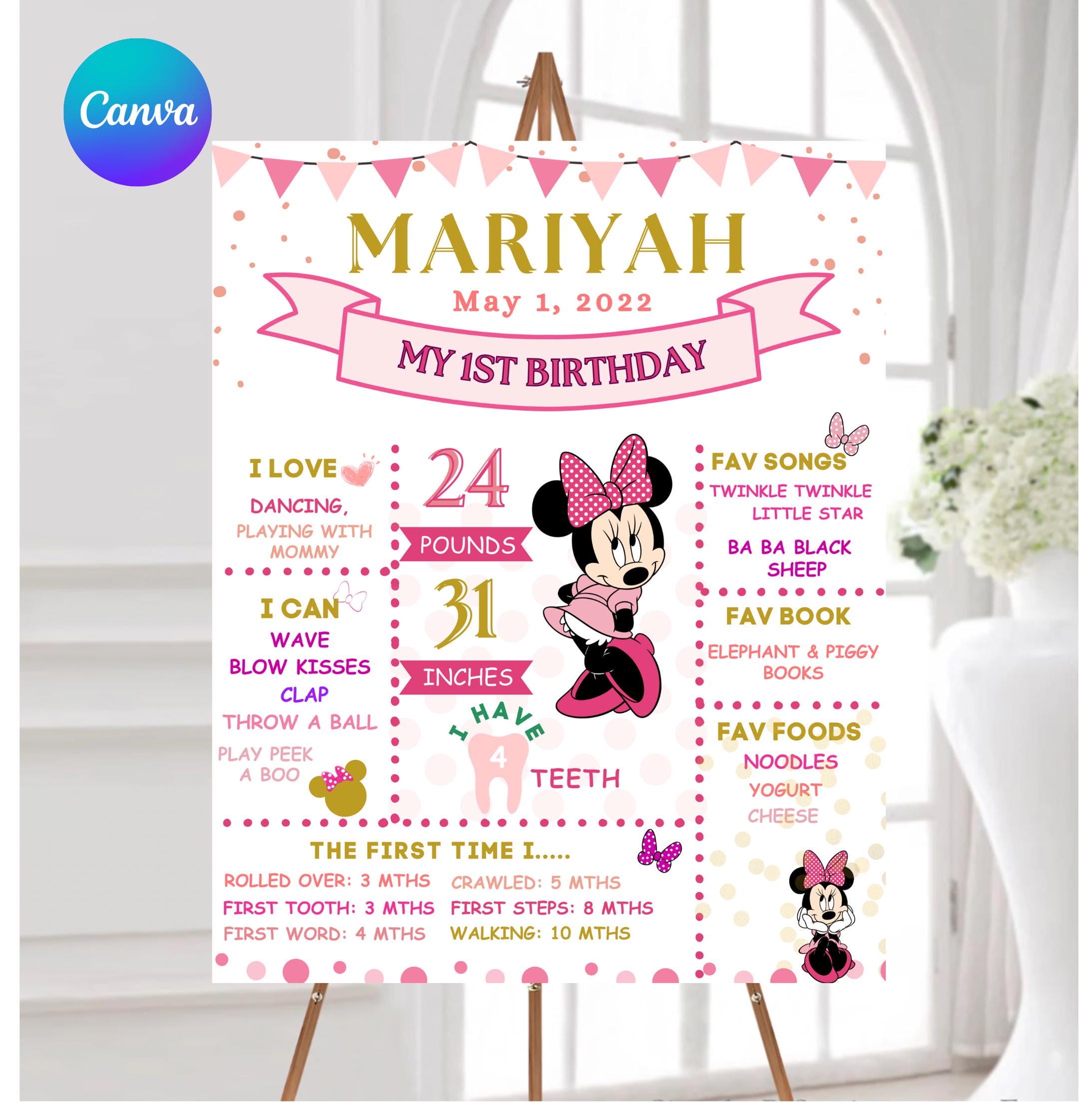 1st Birthday Board, Milestone Birthday Poster Sign, Minnie Mouse first birthday Chalkboard, customizable with canva link