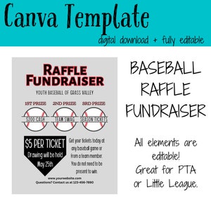 May include: A grey and white printable flyer for a baseball raffle fundraiser. The flyer has a black and white baseball graphic with the text "RAFFLE FUNDRAISER" in red. The flyer also includes the text "YOUTH BASEBALL OF GRASS VALLEY" and lists the prizes: £200 cash, team swag, and season tickets. The flyer also includes the text "£5 PER TICKET" and "Drawing will be held May 25th".