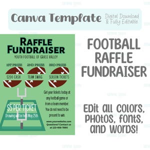 Puede incluir: Plantilla digital de Canva para una rifa de fútbol. El diseño presenta un fondo verde con gráficos de fútbol, detalles de premios y el texto "Raffle Fundraiser". Incluye elementos editables para colores, fotos, fuentes y palabras.
