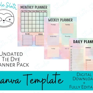 Könnte beinhalten: Ein Satz druckbarer Planer-Vorlagen mit einem Batik-Hintergrund in Pastellrosa, Blau und Gelb. Die Vorlagen beinhalten einen Monats-, Wochen- und Tagesplaner. Der Text "UNDATED TIE DYE PLANNER PACK" befindet sich am unteren Rand des Bildes. Der Text "Canva Template" befindet sich am unteren Rand des Bildes. Der Text "DIGITAL DOWNLOAD + FULLY EDITABLE" befindet sich am unteren Rand des Bildes.