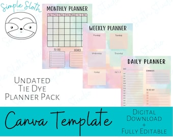 Undated Tie Dye Planner Pack editable template
