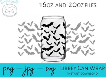 May include: A clear glass can-shaped tumbler featuring a repeating black bat pattern. The image includes text stating 16oz and 20oz files, Libbey Can Wrap, and file formats png, jpg, and svg. A sloth logo is visible in the top left corner.