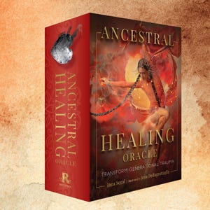 Könnte beinhalten: Eine rechteckige Orakelkarten-Box mit dem Titel Ancestral Healing Oracle von Inna Segal, illustriert von Jena Dellagrottaglia. Die Box zeigt eine rote und orangefarbene Farbpalette mit einer zentralen Figur, goldener Schrift und einem Symbol eines gebrochenen Herzens.