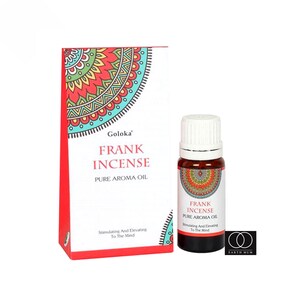May include: A bottle of Frank Incense Pure Aroma Oil and its box. The box and bottle feature a colorful mandala design. The text on the box and bottle reads "Frank Incense Pure Aroma Oil" and "Stimulating And Elevating To The Mind."