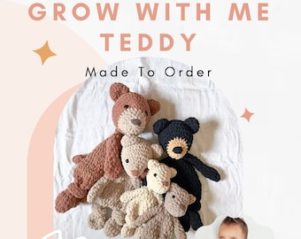 MADE TO ORDER- grow with me teddy, babies first teddy, custom crochet teddy, handmade teddy snuggler, baby shower, baby announcement