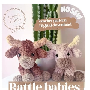 May include: Crochet pattern for two rattle baby bison, one pink and one brown, with the text "Rattle babies Banks the Bison" and "No Sew Crochet pattern Digital download" on a tan background.