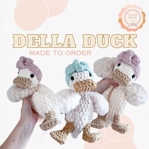 MADE TO ORDER- duck snuggler, Della duck, headband removeable, fuzzy duck snuggler, crochet animal, a stuffed animal, baby gift, Easter gift