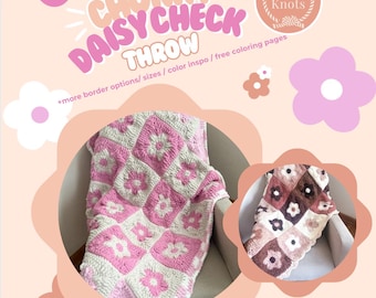 May include: A crochet throw blanket with a chunky daisy check pattern in pink and white. The blanket is draped over a chair. The image includes the text "CHUNKY DAISY CHECK THROW" and "Loved Knots".