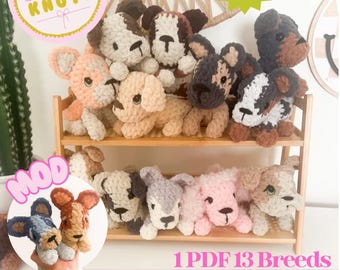 May include: A collection of thirteen plush crochet dog toys in various colors and patterns, displayed on a two-tier wooden shelf. The text includes Loved Knots, No Sew, Includes Low Sew Option, Mod, 1 PDF 13 Breeds, Pouncing Playful Pups, and Digital download crochet pattern.