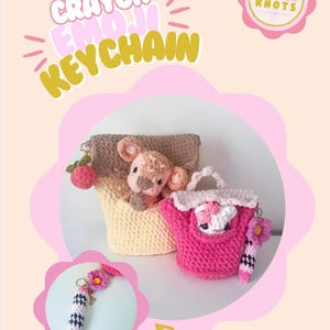 May include: Two crocheted bags with plush characters inside. The larger bag is cream with a brown flap, containing a fawn-like plush. The smaller bag is bright pink with a white flap, containing a white plush. Includes a crayon-shaped keychain.