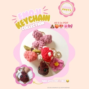 Patrón de llavero de emojis a crochet: hongo, lazo, melocotón, flor y popó (patrón PDF)