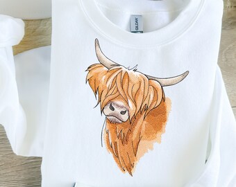 Highland Cow Sweatshirt, Farmhouse Collection Crew Neck, Embroidered, Barnyard Animals, Cow Lover, Custom Made To Order