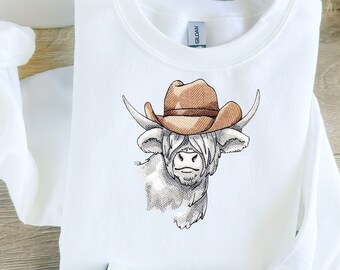 Highland Cow Cowboy Sweatshirt, Farmhouse Collection Crewneck, Custom Embroidered Sweatshirt, Barnyard Animals, Made To Order, Cow Lovers!
