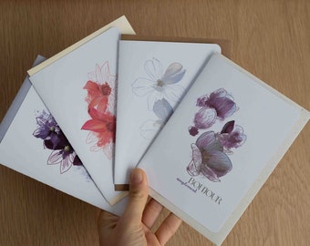 4 Hand-illustrated greeting cards for flower lovers. A6 double folded postcards for birthday or party.