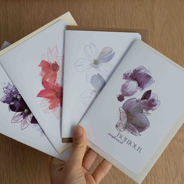 4 Cartes de vœux pour les amoureux des fleurs illustrées à la main. Cartes postales doubles pliées A6 pour anniversaire ou fête.