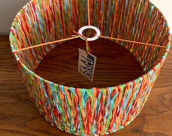 Multicoloured natural raffia drum shade, suspension, lamp, lighting, bedroom, living room, office...