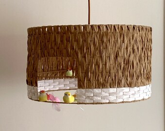 Hanging birdcage in natural raffia, hanging lamp, lighting, atmosphere room, living room, office...