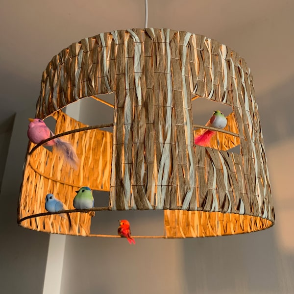 Abat-jour cage oiseaux en raphia naturel pour suspension ou pied de lampe, luminaire original  chambre d'enfants, salon, bureau...