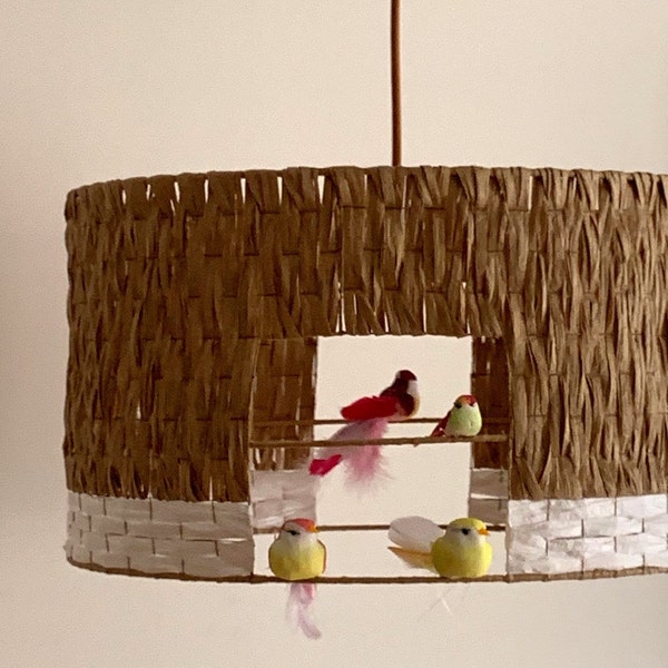 Pantalla jaula de pájaros en rafia natural para suspensión o pie de lámpara, iluminación original para dormitorio, salón, despacho...