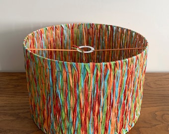 Multicoloured natural raffia drum shade, suspension, lamp, lighting, bedroom, living room, office...