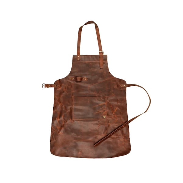 Distressed Pocket Leather Apron - Brown Full Grain Leather - Butchers Apron For Woodwork Blacksmith christmas gifts