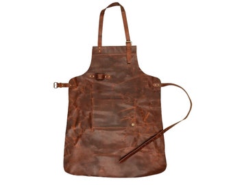 Distressed Pocket Leather Apron - Brown Full Grain Leather - Butchers Apron For Woodwork Blacksmith christmas gifts