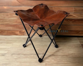 Brown Leather Stool tabouret Hunting Camping Chair | Leisure Folding Stool | Living Room Stool | Handmade Folding Stool Halloween fall gifts