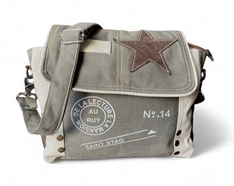 Vintage STAR Leather Crossbody Bag Canvas Purse for Women | Shoulder Bag Adjust | Upcycled Handmade Fashion Accessories