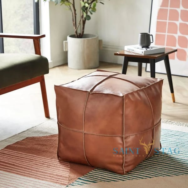 Amazing square Ottoman Pouffe Moroccan leather, ottoman square pouf, light tan handmade square pouffe Moroccan Halloween fall gifts