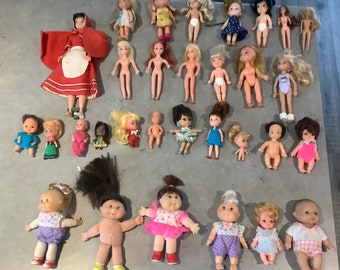 XO. Various small Vintage Dolls - Liddle Kiddle clone, Cabbage patch, Perfecta, rubber, 1960s,1970s,1980s etc 2” - 7” Hong Kong, miniatures.