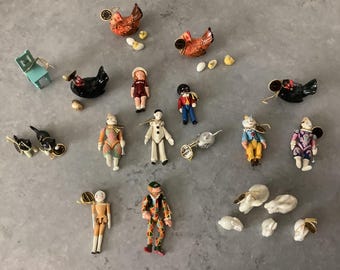 6. Vintage Hantel hand painted pewter miniature figures - animals, clowns, alphabet, circus set, little bo peep, year books etc