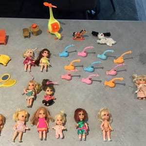 Könnte beinhalten: Eine Sammlung von Miniatur-Vintage-Spielzeugen, darunter Puppen mit verschiedenen Frisuren und Outfits, kleine Möbelsets, ein gelbes Auto, ein Hubschrauber und Tierfiguren. Die Spielzeuge sind in verschiedenen Farben wie Rosa, Grün, Orange und Gelb gehalten.
