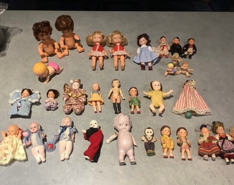 3. Various vintage antique miniature dolls 1950s 1960s etc inc wind up, peg doll, tiny blessings, kewpie, rubber German , plastic, celluloid