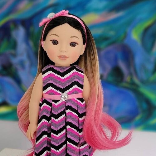Sabrina OOAK Custom American Girl WellieWishers doll brown eyes fair skin ombre brown hot pink shops hair Asian