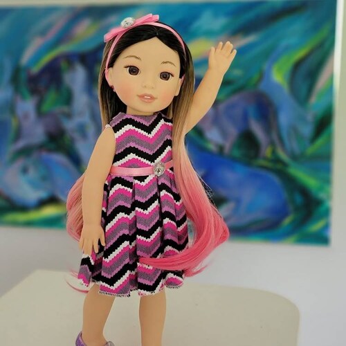Sabrina OOAK Custom American Girl WellieWishers doll brown eyes fair skin ombre brown hot pink shops hair Asian