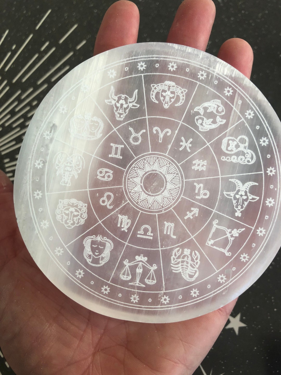 thumbnail image 2 of Handmade Selenite Charging Plate 4" - Astrology Zodiac Engraved Circle Disc 2 of 6