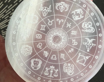 Handmade Selenite Charging Plate 4" - Astrology Zodiac Engraved Circle Disc