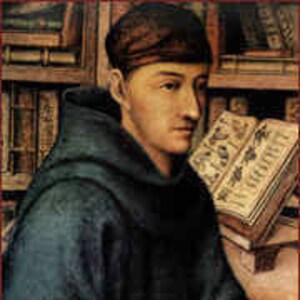 May include: A portrait painting of a young man wearing a dark blue robe and a red cap. He is sitting at a desk with two open books in front of him. The books have yellowed pages and are decorated with intricate illustrations.