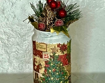 Christmas Tree & Snowman Jar with Twinkle Lights | Winter Holiday Decor | Decoupage Vase, Mason Jar, Gift, Candle Alternative