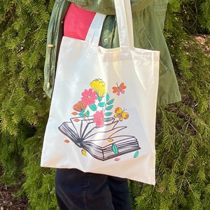 Floral Book Club Canvas Tote Bag | Gift for Book Lovers, Bookworms, Writers, Teachers, Students, Mother&#39;s Day, Birthday | Flower Bouquet