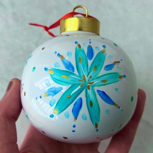 Handpainted Glass Snowflake Ornament - Handmade Cute Christmas Tree Baubles Gift Winter Holidays Floral Design - Gifts for Her