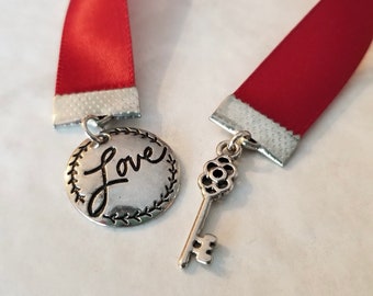 Crimson Ribbon Bookmarks with Key Charms - Handmade