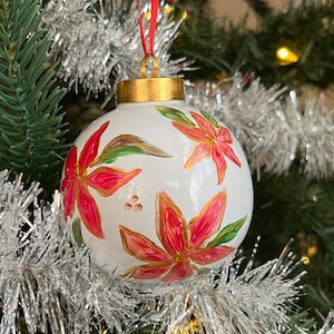Handpainted Glass Poinsettia Ornament - Handmade Cute Christmas Tree Baubles Gift Winter Holidays Floral Design - Gifts for Her