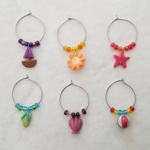 Summer Beach Wine Charms - Handsculpted Polymer Clay  - Set of 6 - Unique Wine Charm Gift - Handmade Sculptures Kitchen Drinks Glasses