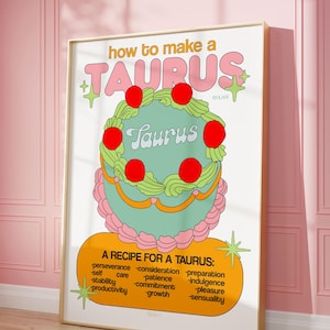 Taurus Cake Digital Birthday Print Zodiac Star Sign Poster Illustration Astrology Art Aesthetic Pastel Decor Gallery Wall Colourful Gift