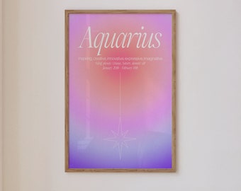 Aquarius Zodiac DIGITAL Print Download Star Sign Poster Gradient Astrology Aesthetic Pastel Trendy Decor Gallery Wall Print Colourful Gift