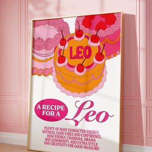 Leo Cake Digital Print Zodiac Star Sign Poster Illustration Astrology Art Aesthetic Vibrant Pink Decor Wall Print Colourful Birthday Gift