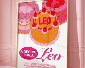 Leo Cake Digital Print Zodiac Star Sign Poster Illustration Astrology Art Aesthetic Vibrant Pink Decor Wall Print Colourful Birthday Gift