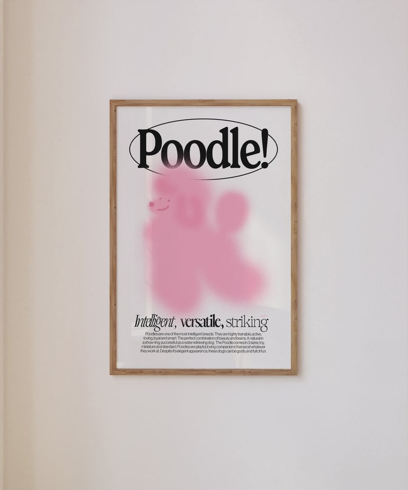Poodle DIGITAL Print Poster Download Cartoon Illustration Graphic Typography Dog Art Dog Portrait Trendy Wall Decor Pink Home Decor Puppy image 1