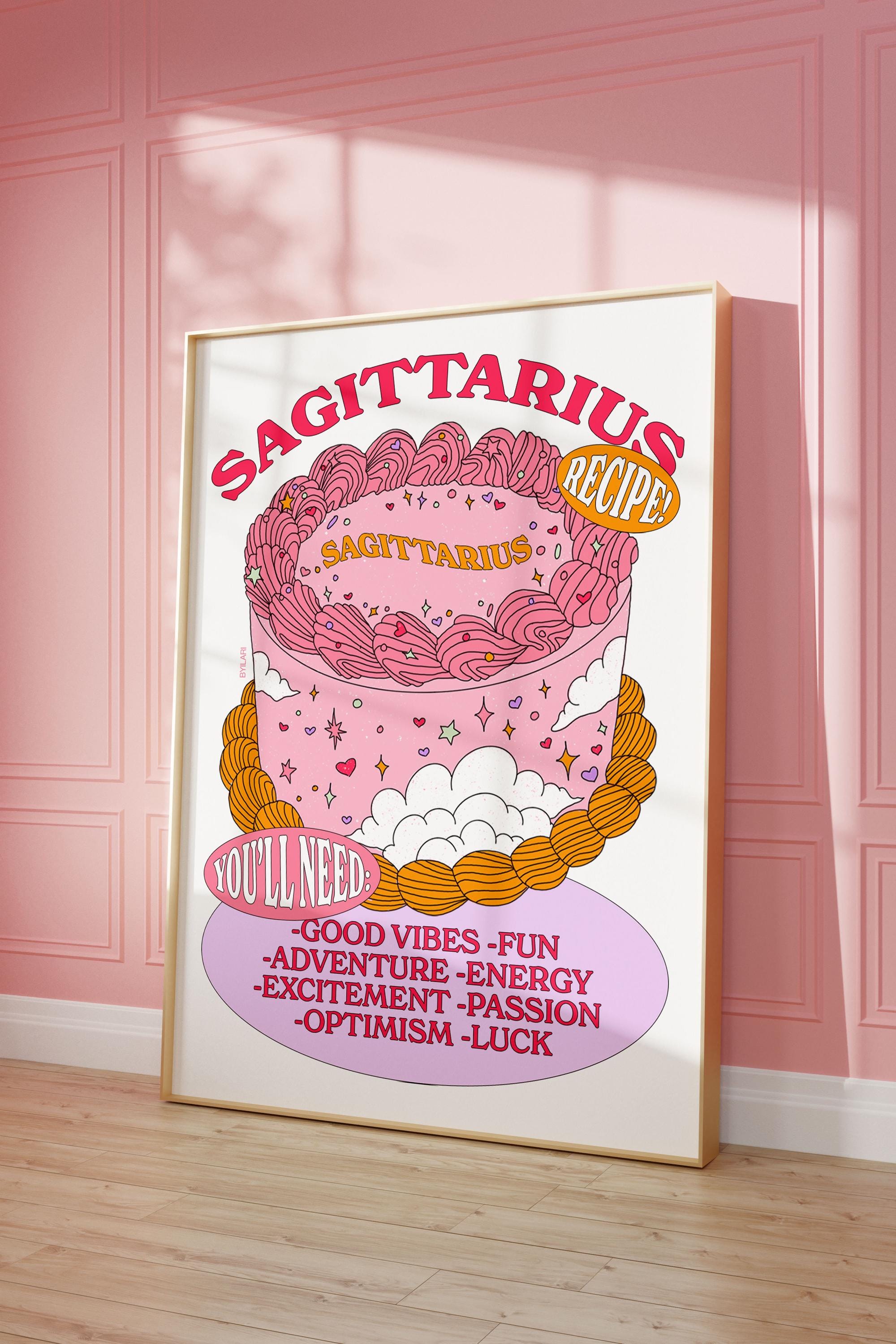 Sagittarius Cake Digital Print Zodiac Star Sign Poster Illustration Astrology Retro Art Aesthetic Colourful Decor Birthday Gift